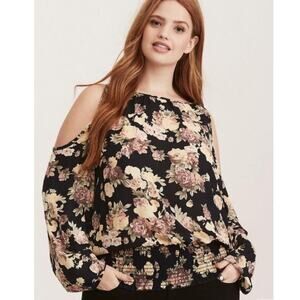 Torrid Floral Print Georgette Smocked Bottom Top Cold Shoulder 4